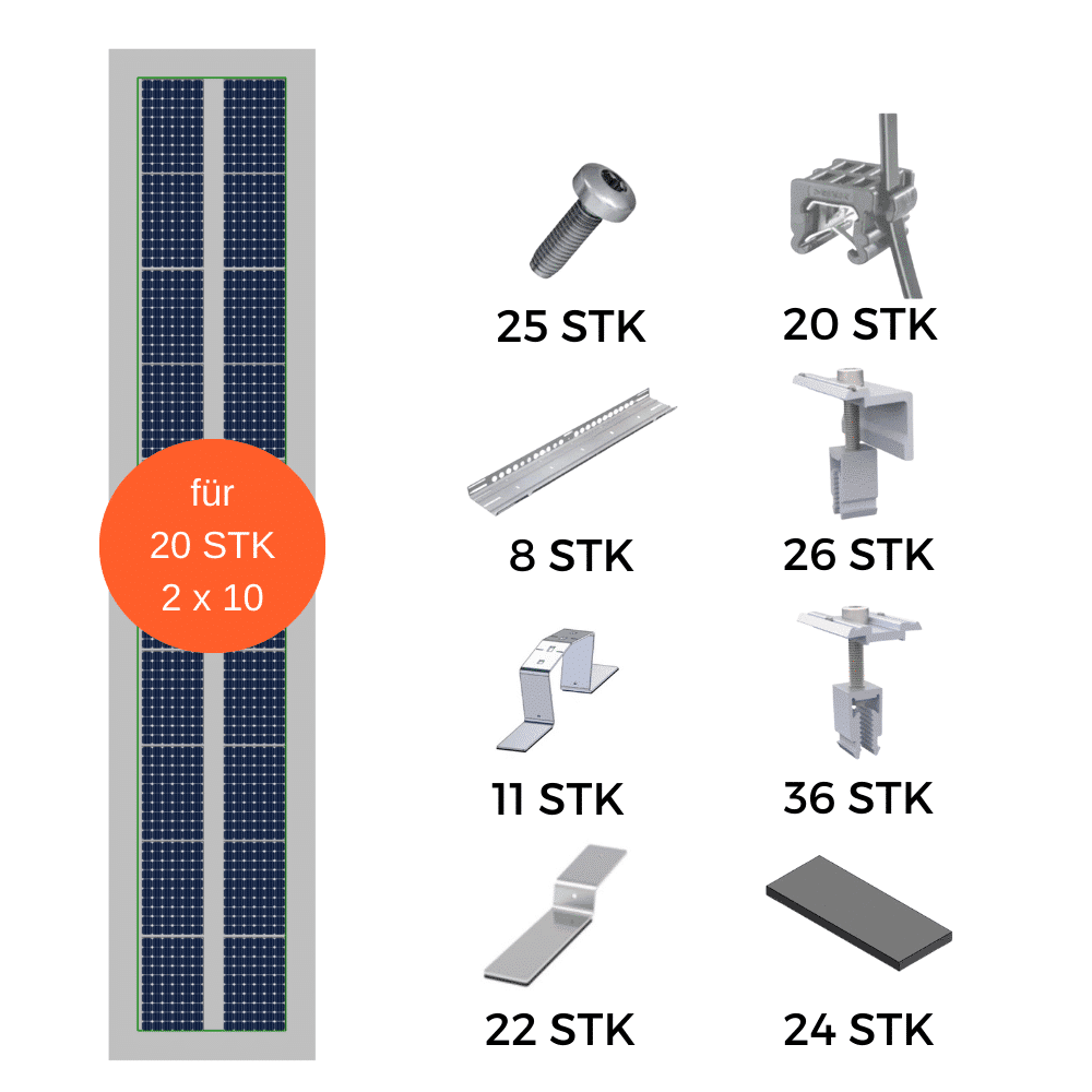 PV Montageset 20 Module stehend 2x10 Flachdach PV Montageset 20 Module stehend 2x10 Flachdach